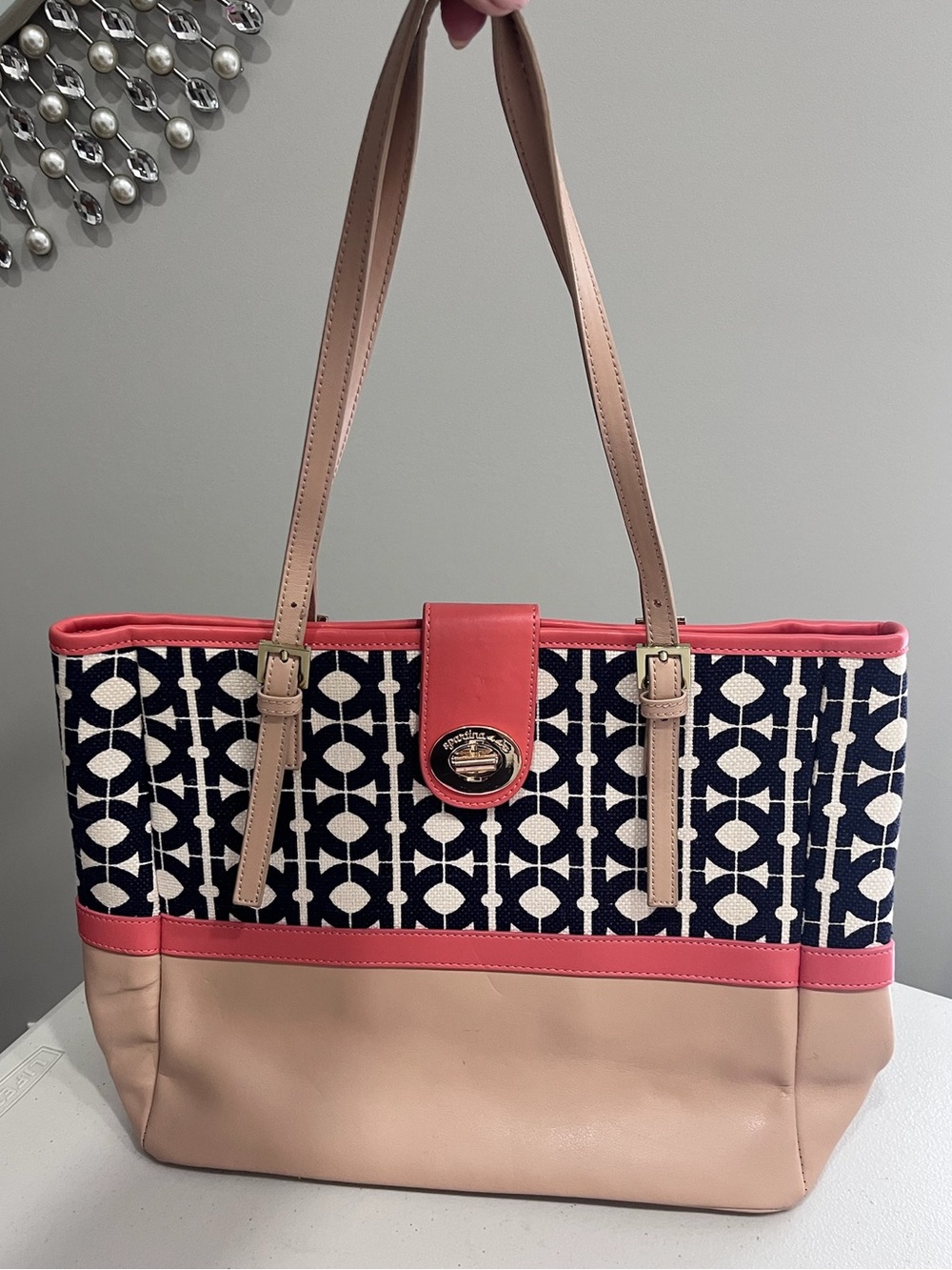 Spartina 449 Navy Coral White Geometric Linen Canvas Tote Bag